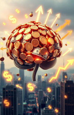 An artistic representation of a 'money brain', featuring a human brain composed of shiny gold coins, dollar bills, and financial graphs