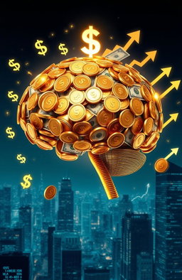 An artistic representation of a 'money brain', featuring a human brain composed of shiny gold coins, dollar bills, and financial graphs