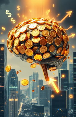 An artistic representation of a 'money brain', featuring a human brain composed of shiny gold coins, dollar bills, and financial graphs