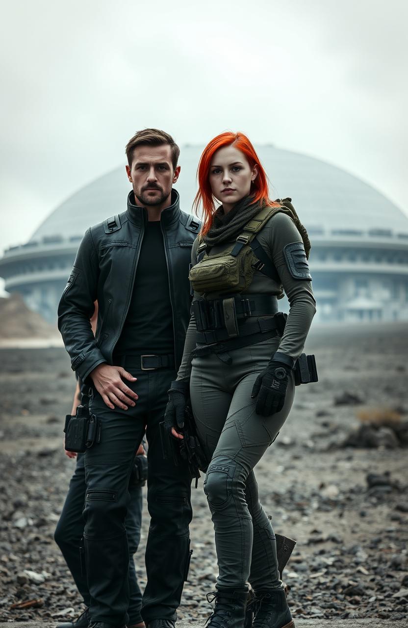 A slim 35-year-old English man dressed in sleek, futuristic clothing stands confidently beside a 30-year-old English woman with striking red hair, clad in tactical battle fatigues