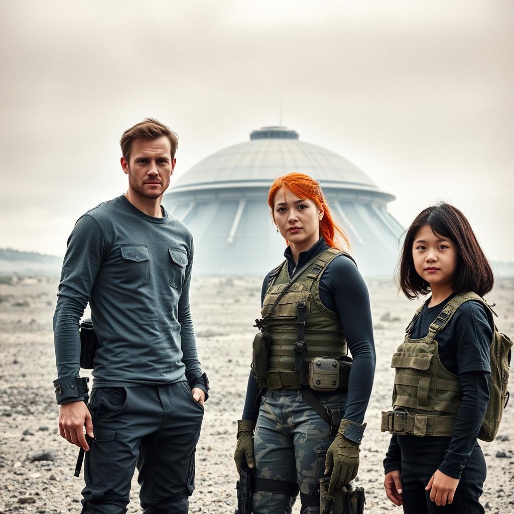 A slim 35-year-old English man dressed in modern, futuristic clothing stands alongside a 30-year-old English woman with vibrant red hair, who is wearing tactical battle fatigues