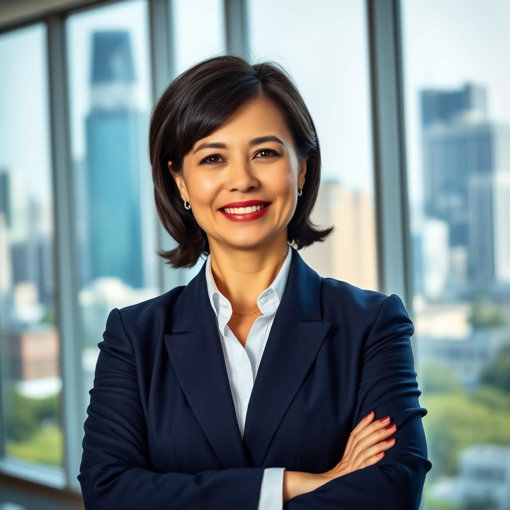 A professional business portrait of a confident middle-aged woman in a tailored navy blue blazer and white blouse, standing in a modern office environment