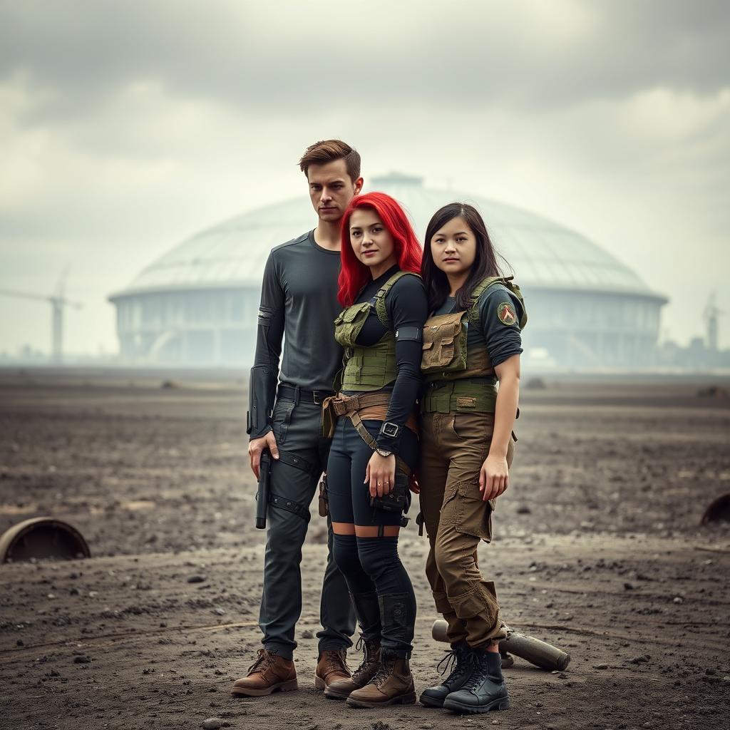 A slim 35-year-old English man dressed in stylish futuristic clothing stands next to a 30-year-old English woman with vibrant red hair, who is wearing rugged battle fatigues