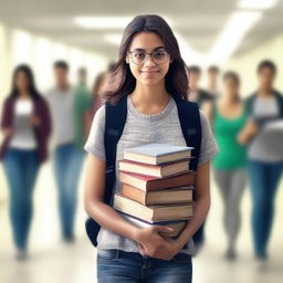 A digital art image of a young woman in a college hallway