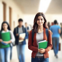 A digital art image of a young woman in a college hallway