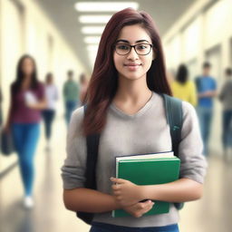 A digital art image of a young woman in a college hallway