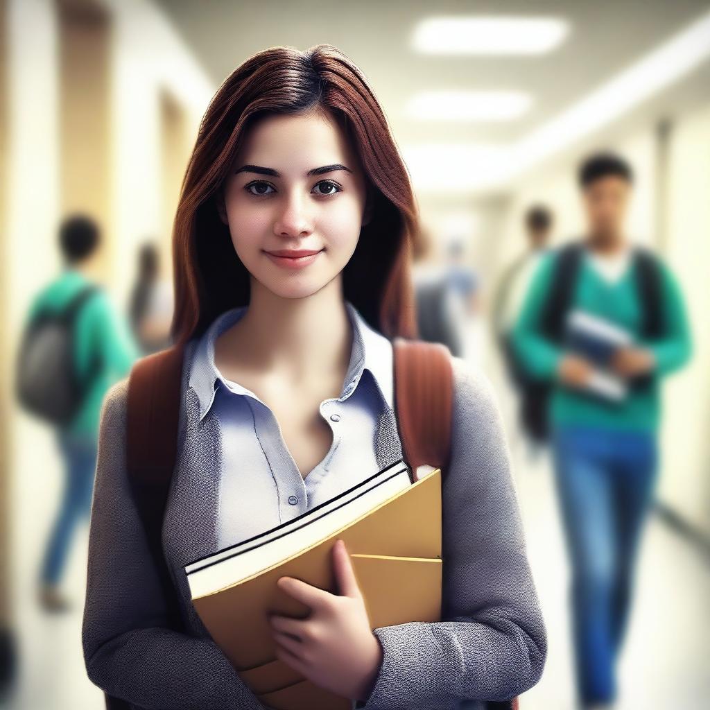 A digital art image of a young woman in a college hallway