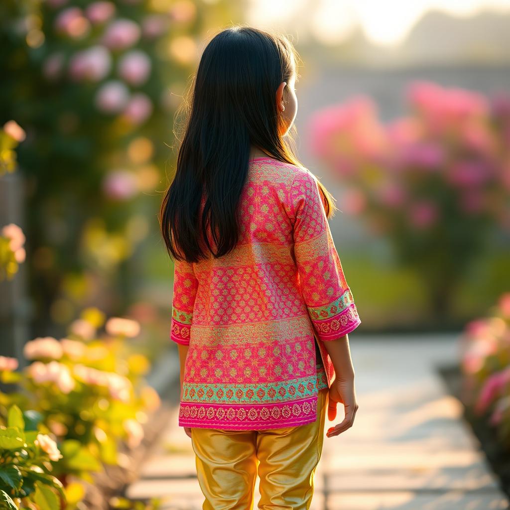 A young Indian girl with long black hair, wearing a short, vibrant kurta adorned with intricate patterns, paired with tight golden leggings that shimmer under the sunlight