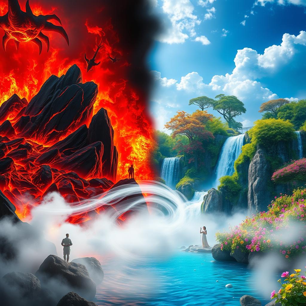 A stunning split-scene landscape featuring half of the image representing Hell and the other half Paradise