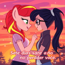 A romantic scene between Sunset Shimmer and Sci-Twi from My Little Pony: Equestria Girls, embracing under a vibrant sunset sky, with warm oranges and pinks blending on the horizon
