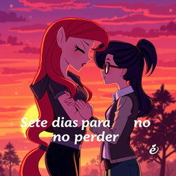 A romantic scene between Sunset Shimmer and Sci-Twi from My Little Pony: Equestria Girls, embracing under a vibrant sunset sky, with warm oranges and pinks blending on the horizon