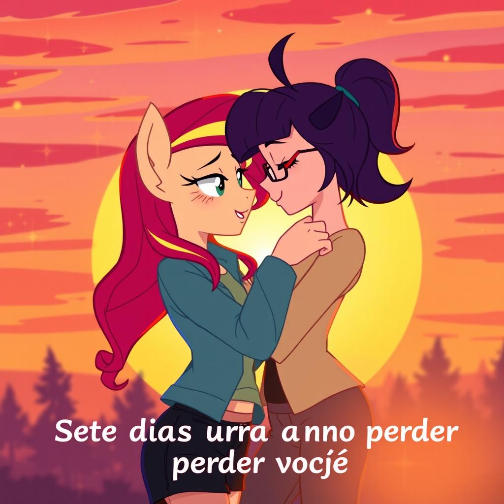 A romantic scene between Sunset Shimmer and Sci-Twi from My Little Pony: Equestria Girls, embracing under a vibrant sunset sky, with warm oranges and pinks blending on the horizon