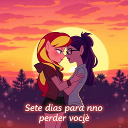 A romantic scene between Sunset Shimmer and Sci-Twi from My Little Pony: Equestria Girls, embracing under a vibrant sunset sky, with warm oranges and pinks blending on the horizon