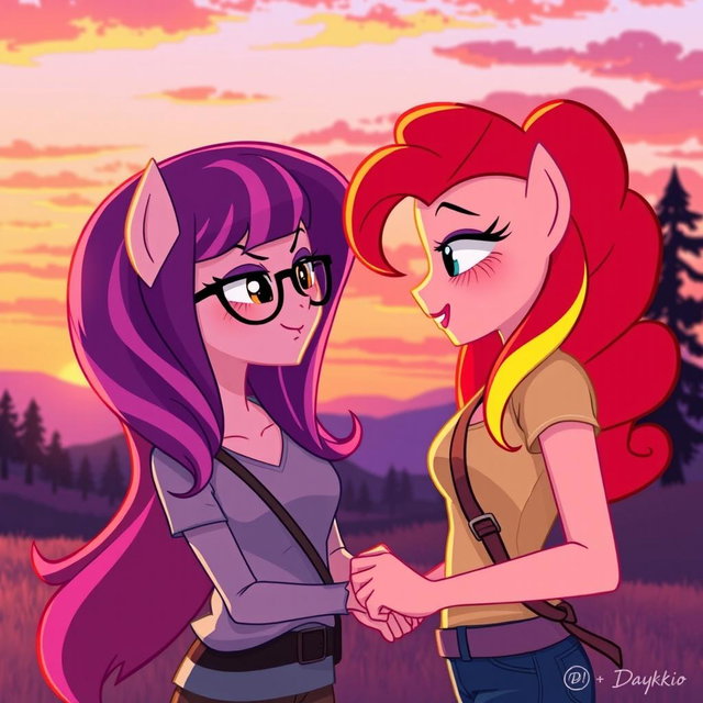 A romantic scene featuring Sunset Shimmer and Sci-Twi from My Little Pony: Equestria Girls