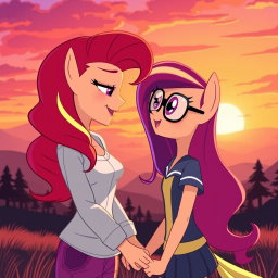 A romantic scene featuring Sunset Shimmer and Sci-Twi from My Little Pony: Equestria Girls