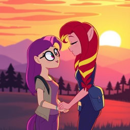 A romantic scene featuring Sunset Shimmer and Sci-Twi from My Little Pony: Equestria Girls