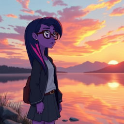 A beautiful sunset scene featuring Sci-Twi from My Little Pony: Equestria Girls