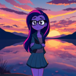 A beautiful sunset scene featuring Sci-Twi from My Little Pony: Equestria Girls