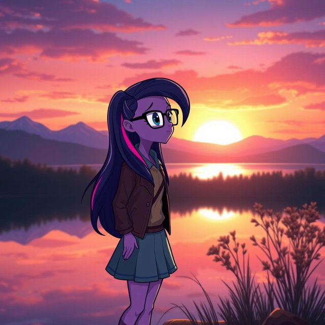 A beautiful sunset scene featuring Sci-Twi from My Little Pony: Equestria Girls