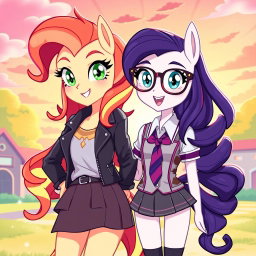 A stunning fan-art illustration featuring Sunset Shimmer and Sci-Twi (Twilight Sparkle) from My Little Pony: Equestria Girls