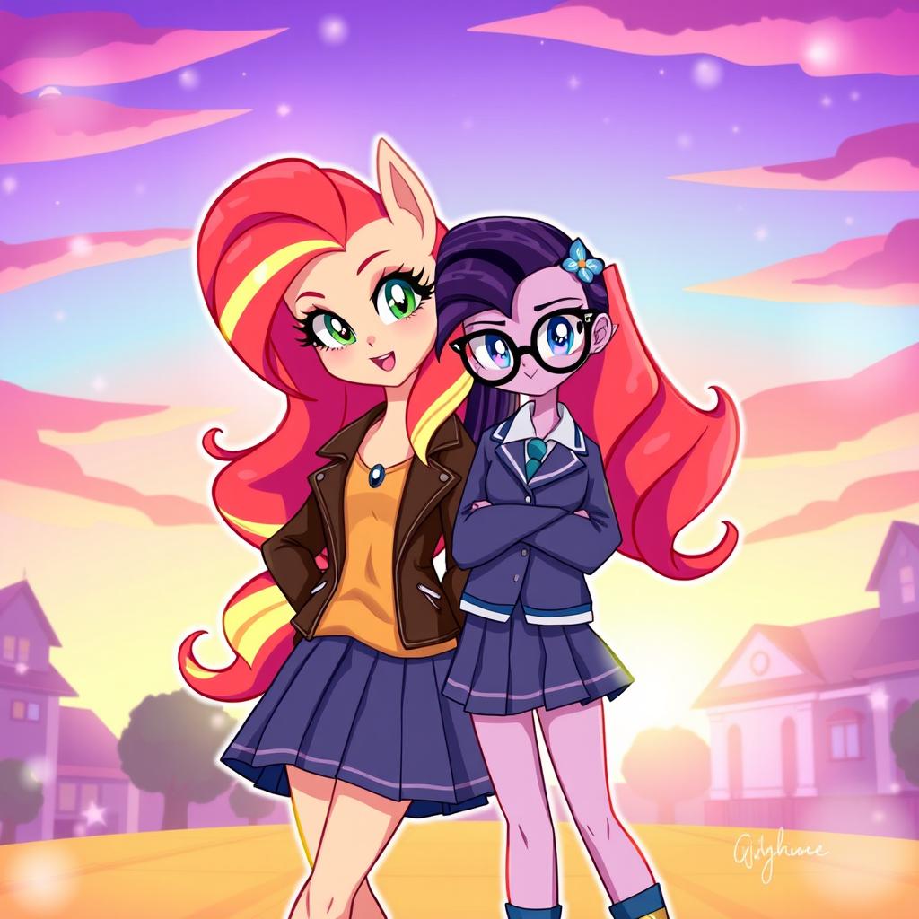 A stunning fan-art illustration featuring Sunset Shimmer and Sci-Twi (Twilight Sparkle) from My Little Pony: Equestria Girls