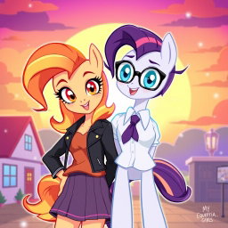 A stunning fan-art illustration featuring Sunset Shimmer and Sci-Twi (Twilight Sparkle) from My Little Pony: Equestria Girls