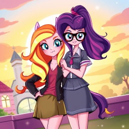 A stunning fan-art illustration featuring Sunset Shimmer and Sci-Twi (Twilight Sparkle) from My Little Pony: Equestria Girls