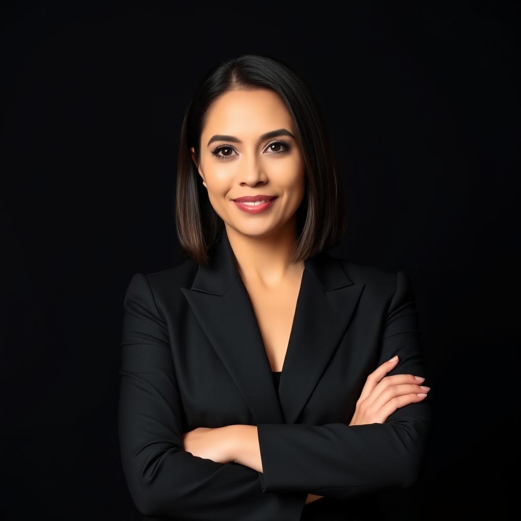 A professional portrait of a confident businesswoman in a sleek black blazer, with her arms crossed, standing against a smooth black background