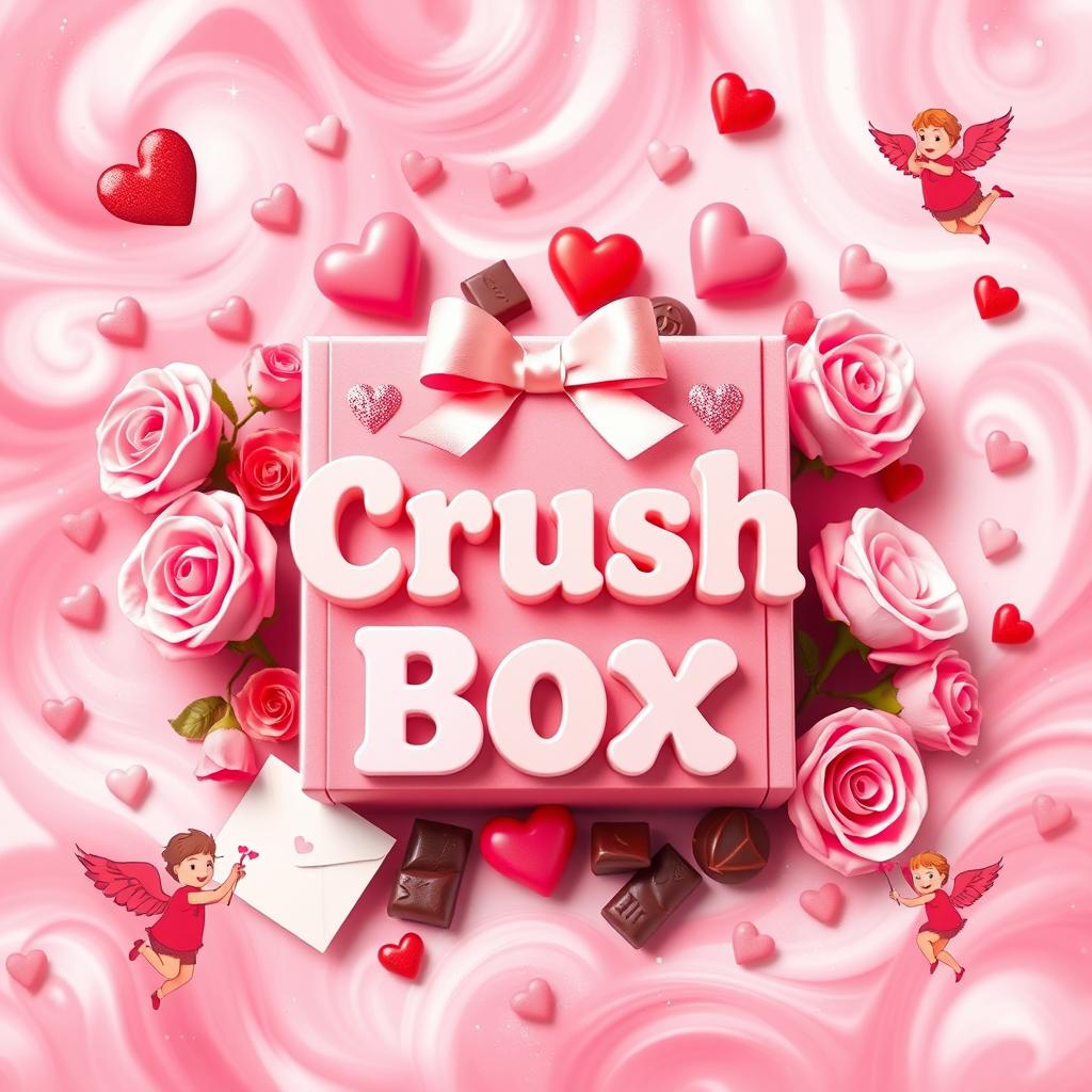 A vibrant and colorful Valentine's Day themed poster featuring a prominently displayed 'Crush Box'