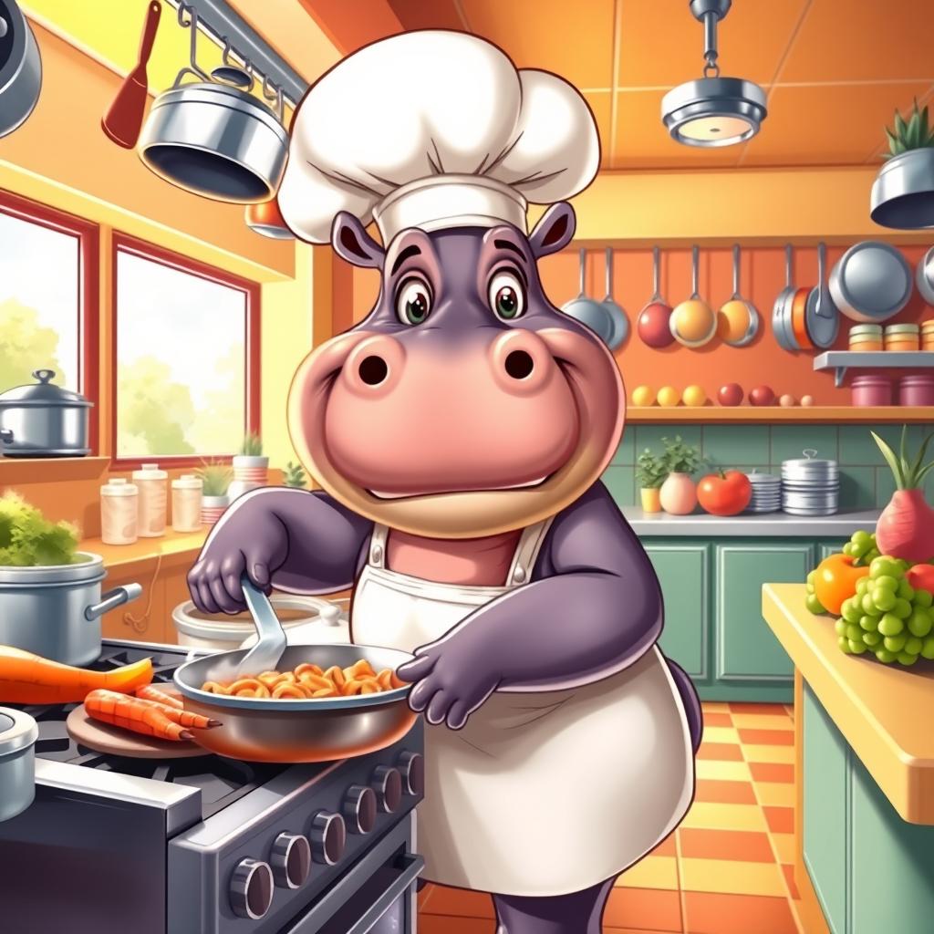 A cartoonish hippopotamus as a restaurant chef, wearing a traditional white chef hat and a matching apron