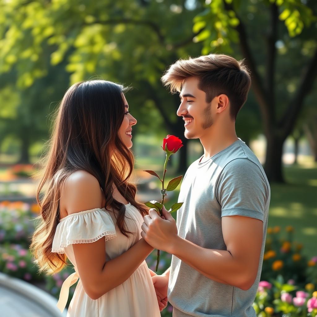 A romantic scene featuring a young couple on a beautiful date in a picturesque park