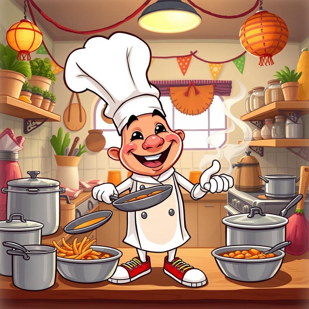 A whimsical, cartoonish depiction of a hypophysis (pituitary gland) character dressed as a restaurant chef