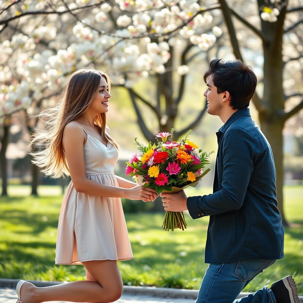 A romantic scene of a young couple in a picturesque park during springtime