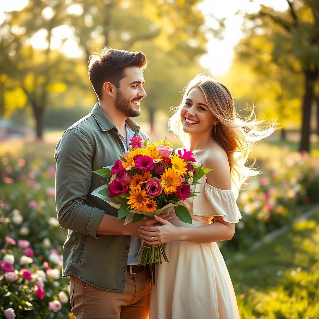 A romantic scene featuring a loving boyfriend presenting a beautiful bouquet of vibrant flowers to his girlfriend