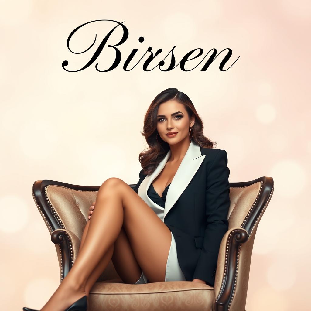 A stylish woman sitting on an elegant chair, dressed in a chic outfit