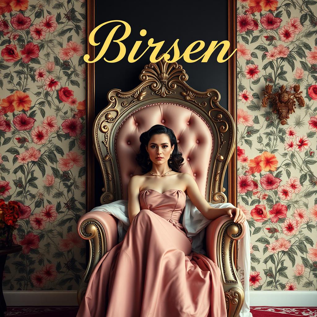 A stylish woman sitting elegantly on a throne, surrounded by a lush, floral background featuring petunia flower wallpaper