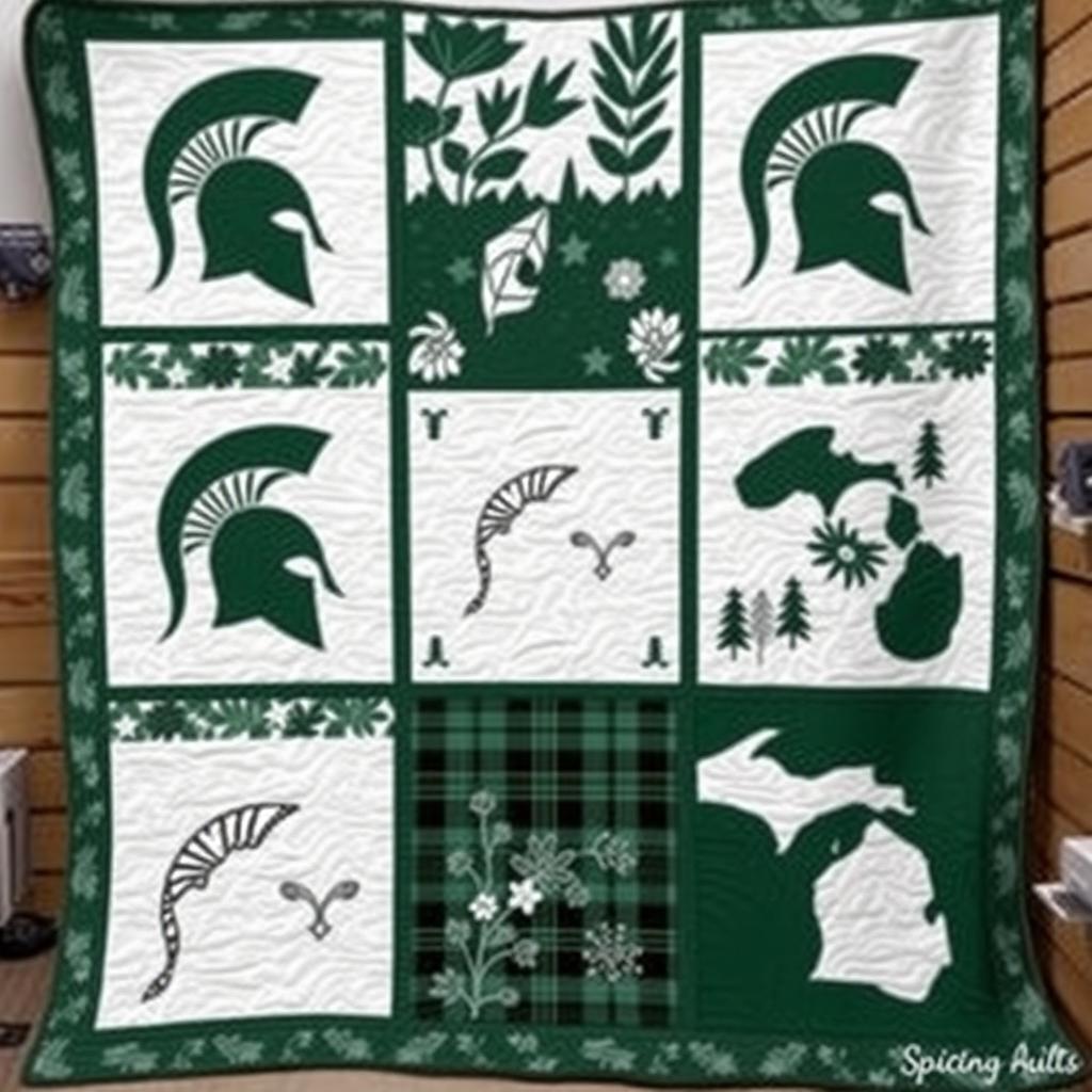 A unique quilt design inspired by Michigan State University, featuring the school's iconic green and white colors, the Spartan helmet, and stylized representations of the state of Michigan