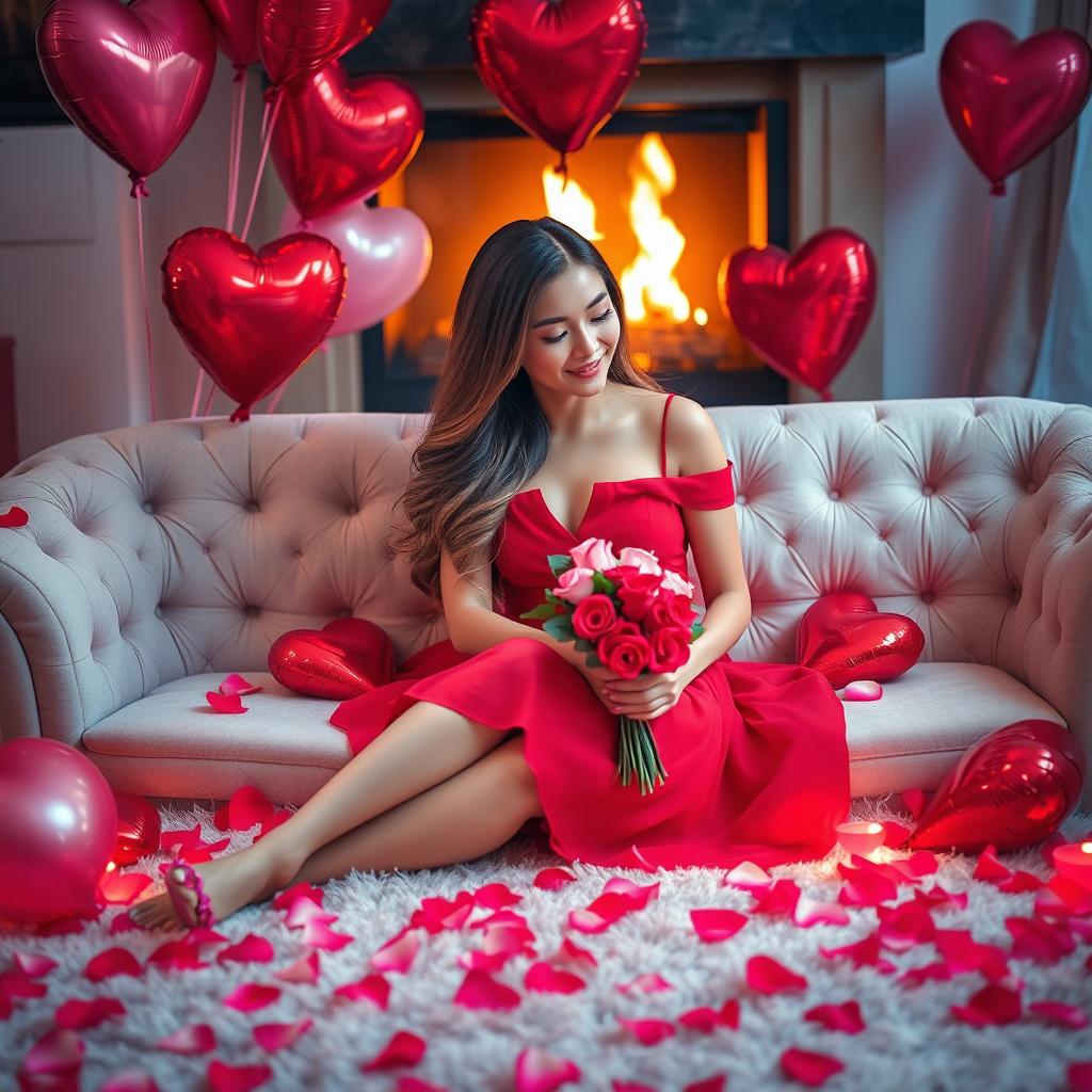 A romantic scene on Valentine's Day featuring a beautiful woman sitting gracefully on a plush sofa surrounded by heart-shaped balloons and enchanting rose petals scattered around
