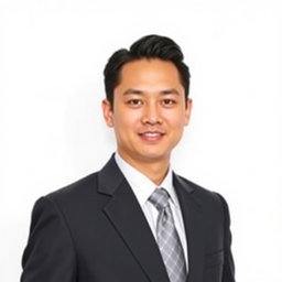 A professional passport photo of a person in a formal suit