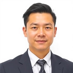 A professional passport photo of a person in a formal suit