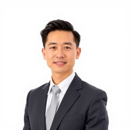 A professional passport photo of a person in a formal suit