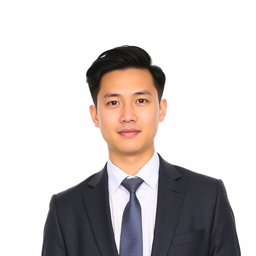 A professional passport photo of a person in a formal suit