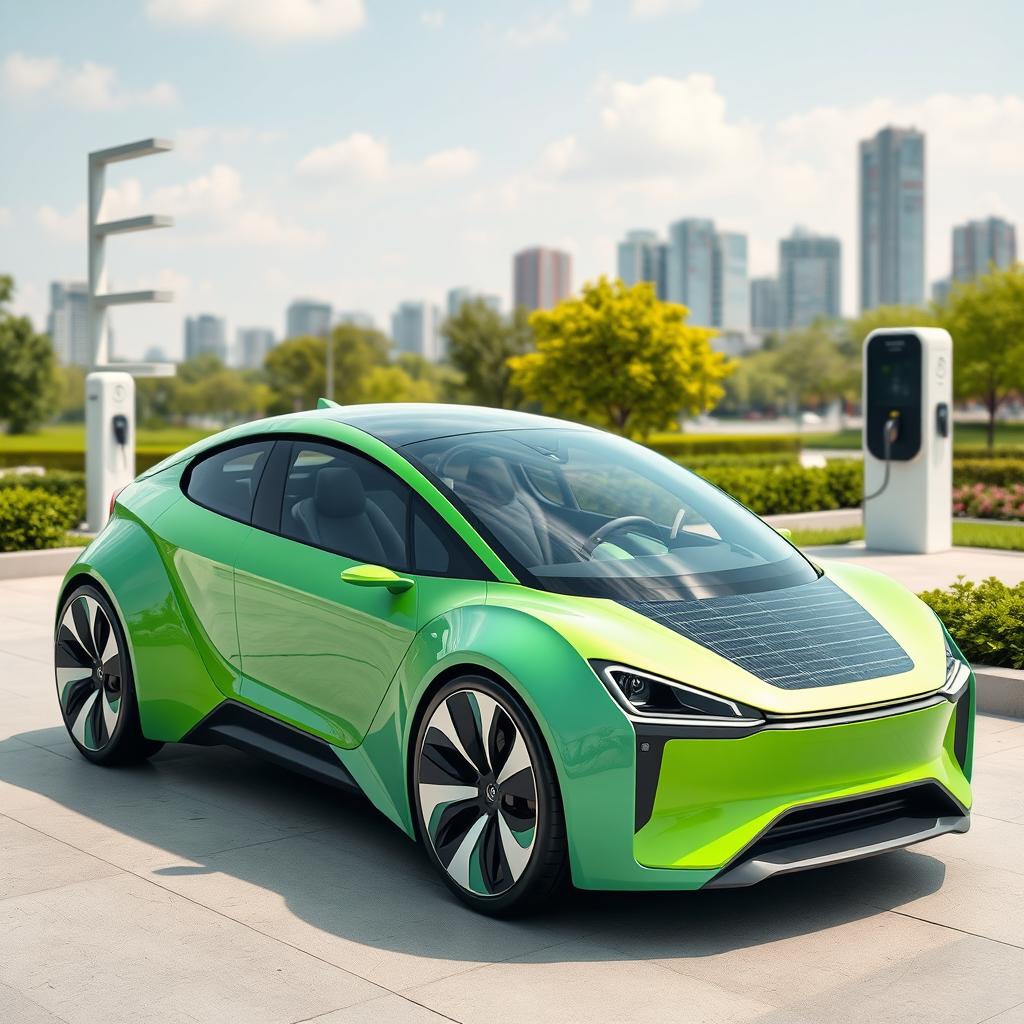 A futuristic electric car designed to have the lowest possible emissions and production costs, showcasing advanced materials for durability