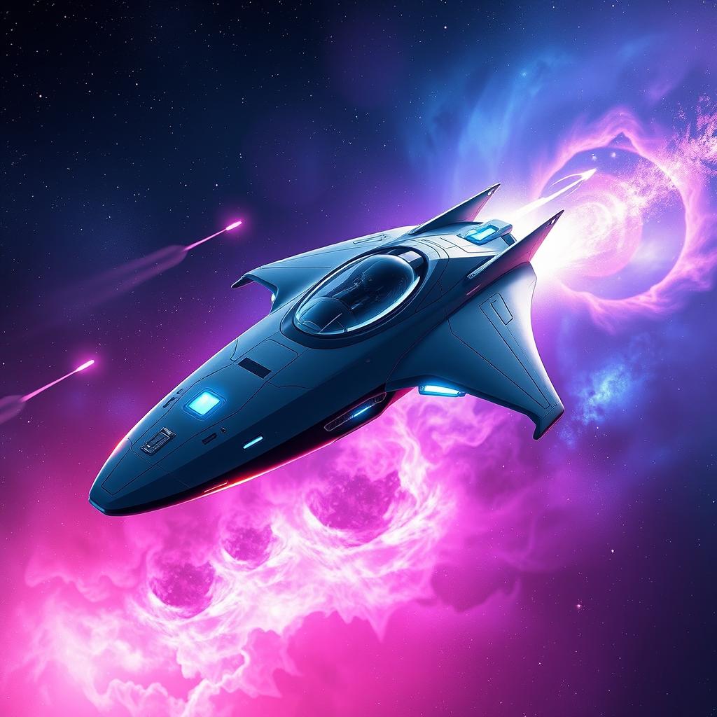 A futuristic spaceship soaring through a vibrant nebula, surrounded by distant stars and glowing cosmic dust