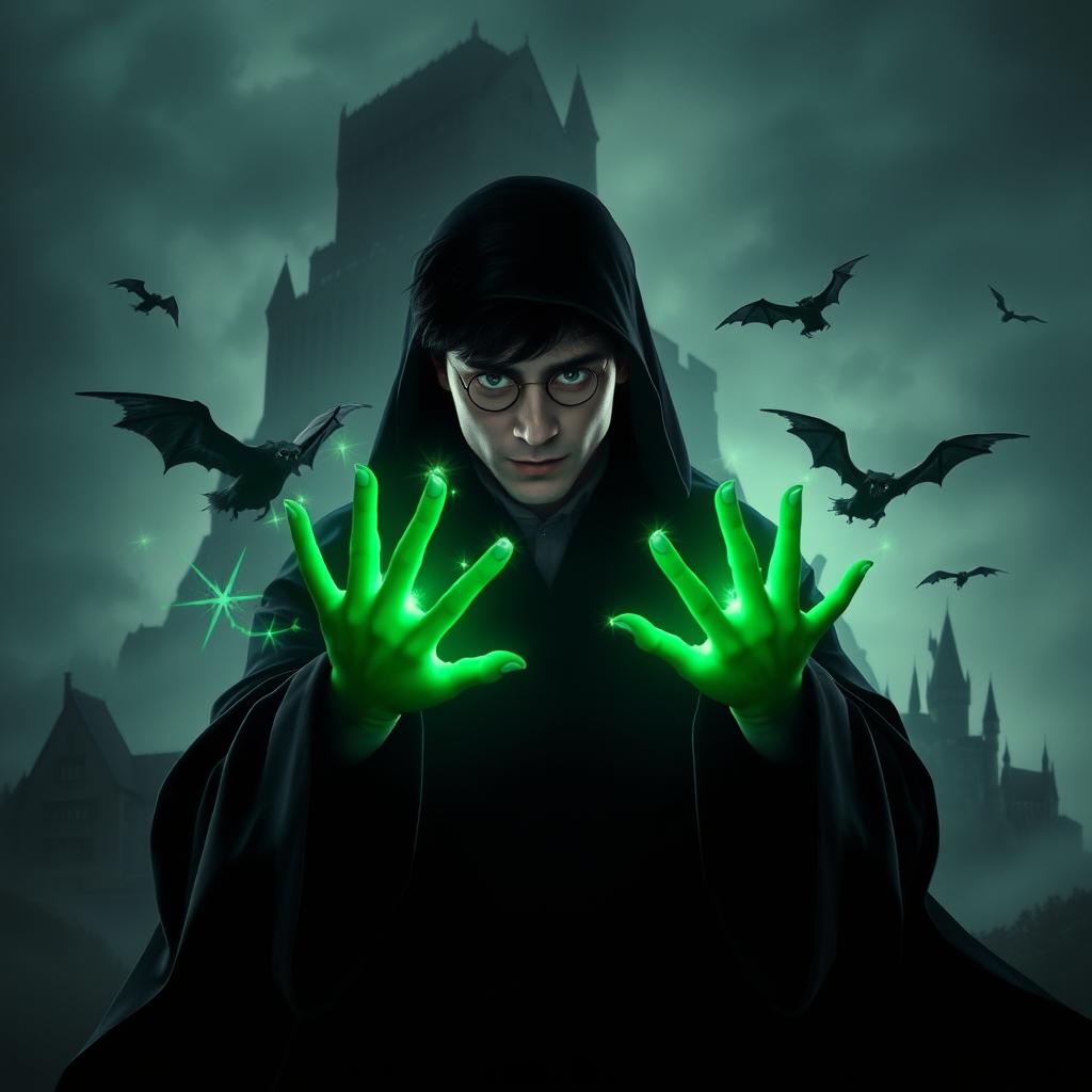 In the center of the image stands Harry Potter, enveloped in dark shadows with a deep, magical green glow emanating from his hands, symbolizing his connection to the Dark Arts