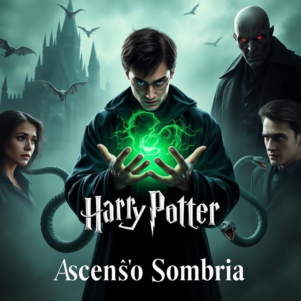 Harry Potter is at the center, enveloped in shadows while holding a dark green energy in his hands
