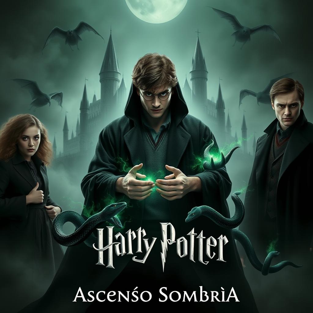 Harry Potter at the center, shrouded in shadows, holding dark green energy in his hands