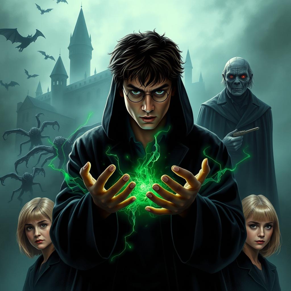 Harry Potter at the center, shrouded in shadows, holding dark green energy in his hands