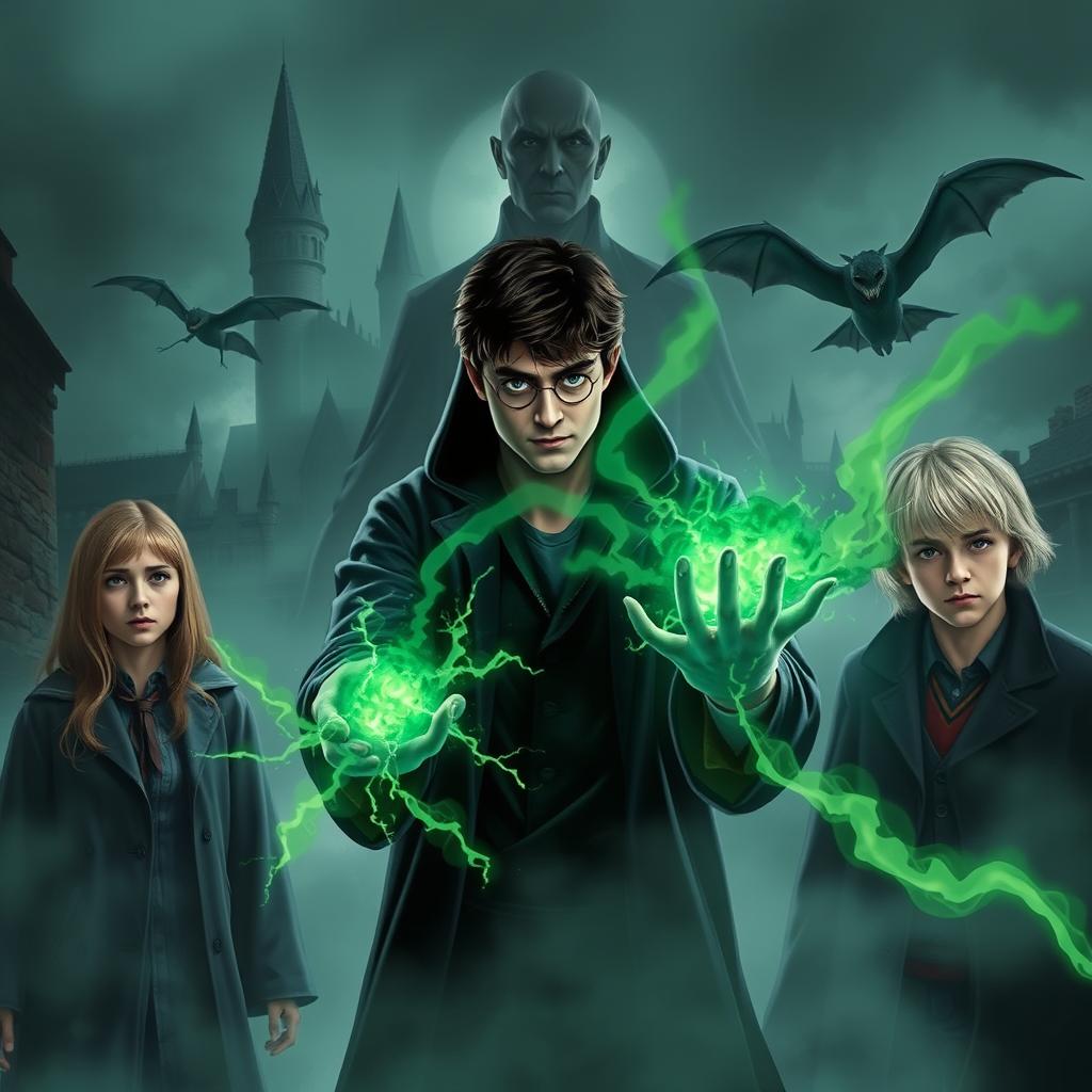 Harry Potter at the center, shrouded in shadows, holding dark green energy in his hands