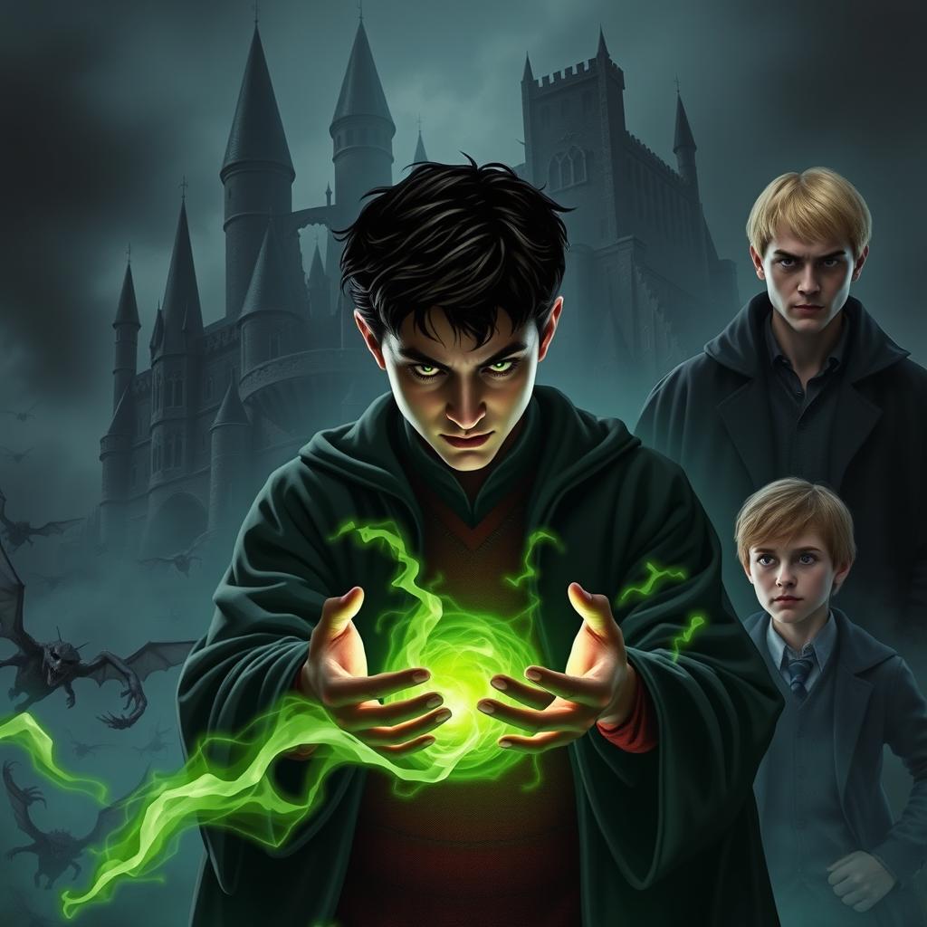 Harry Potter at the center of the image, surrounded by dark shadows while holding a sinister green energy in his hands
